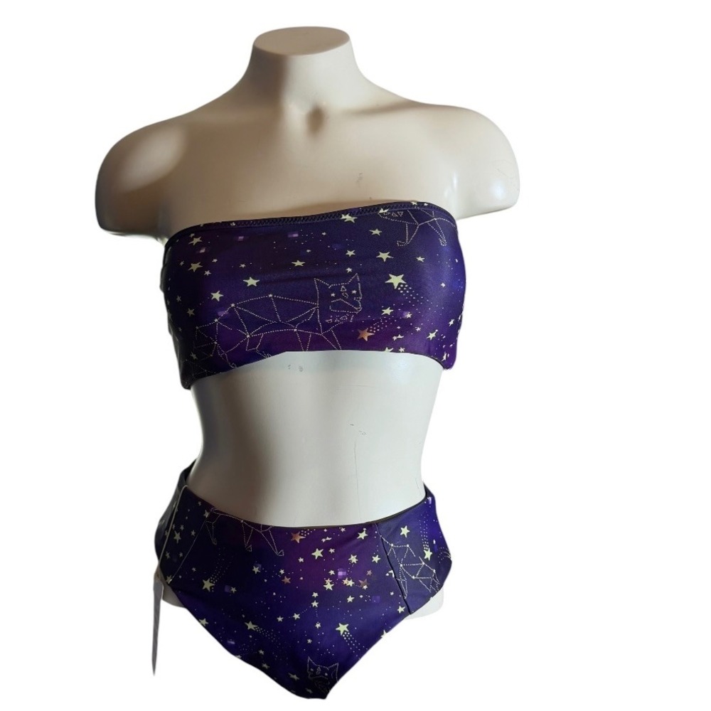 12CRAZY Womens Purple Galaxy Cat Constellation Bandeau Bikini Set Small NWT